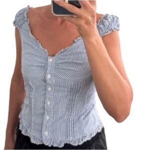 Brandy Melville Light Blue Gingham Button-Front Ruffle Top